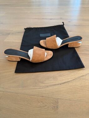 Alexander Wang Tan Suede Slides. Metal detail on heel. Great condition! Dust bag